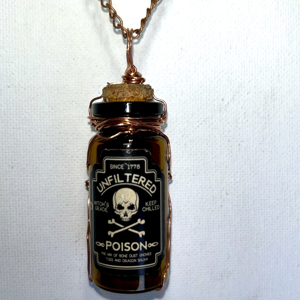 Handmade Unique Fun “ Unfiltered Poison” Witches Potion Glass Bottle Necklace